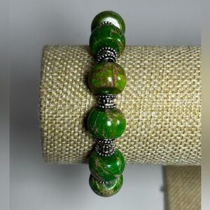 Sea sediment jasper dyed variscite Green Stones silver tone spacers bracelet